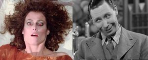 Shows Sigourney Weaver and George Formby side by side